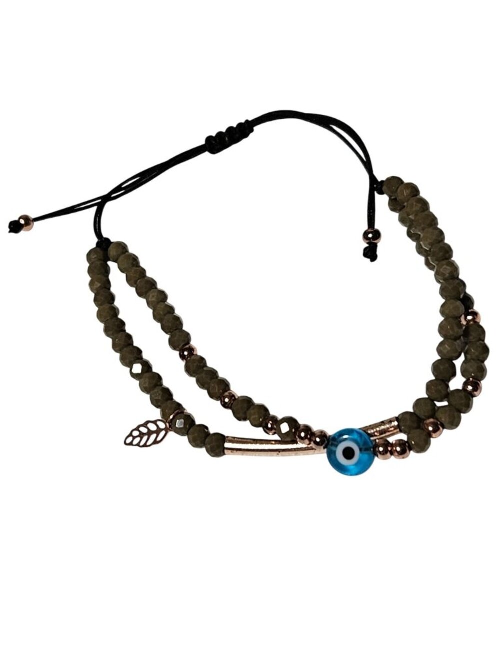 Handcrafted Blue Evil Eye Bracelet Leaf Charm Olive Beads Protection Spiritual